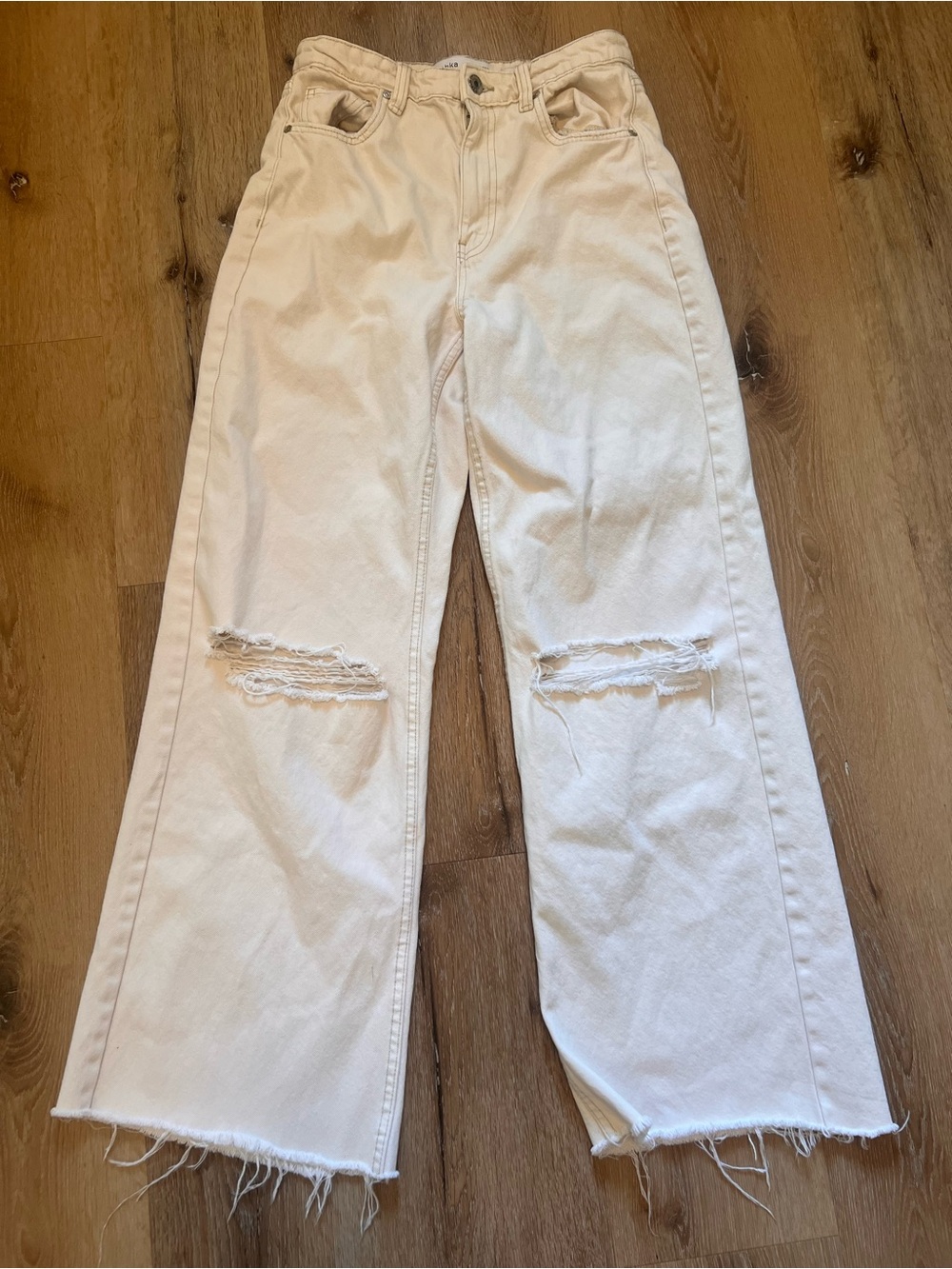 Bershka High-Rise Distressed Wide-Leg Women's Jeans in Cream Ivory Size 6